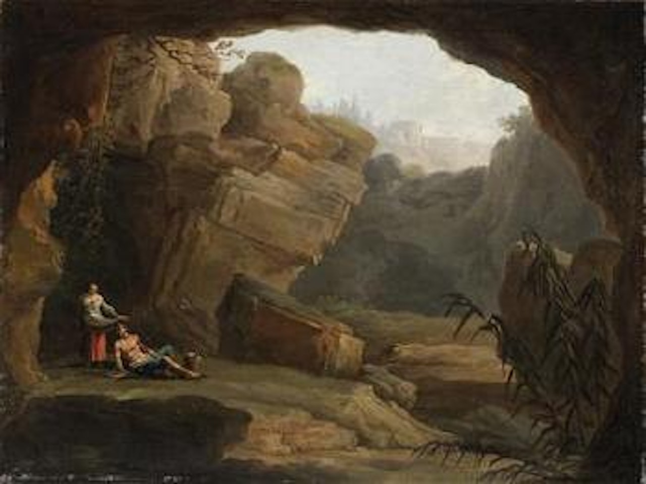 Figure resting in a rocky landscape, a capriccio of Tivoli in the background by Claude Joseph Vernet