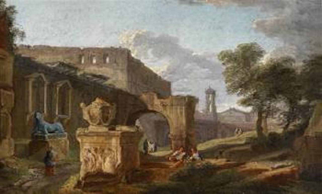 A Capriccio of Classical Ruins, figures and a bell tower in the distance by French School