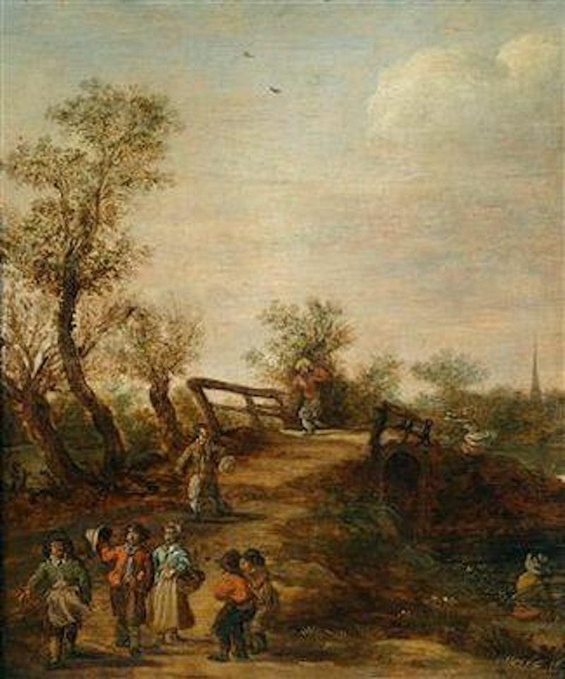 Travellers near a bridge in a dune landscape by Jan van Goyen