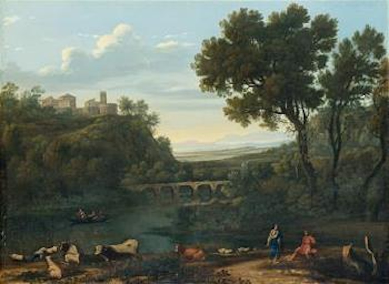 River landscape with a shepherd and a woman in the foreground, their cattle resting on the bank, and a town in the distance by Claude Lorrain