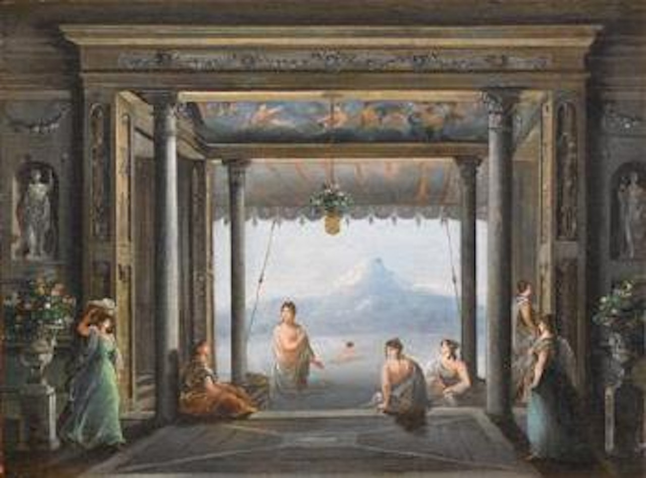 Elegant figures in the foyer of La Fenice in Venice; and a scene from The Last Days in Pompeii in La Fenice in Venice by Giuseppe Bernardino Bison