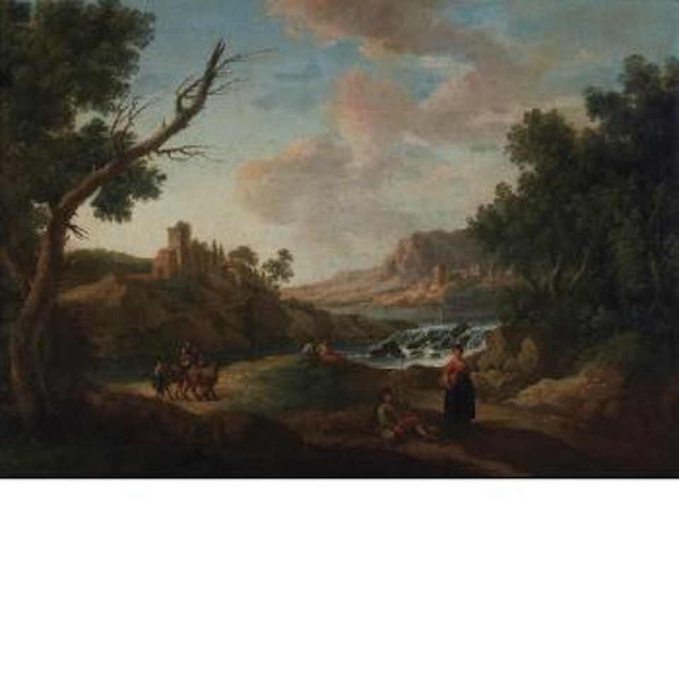 Figures Beside a River In An Italian Landscape by Francesco Zuccarelli