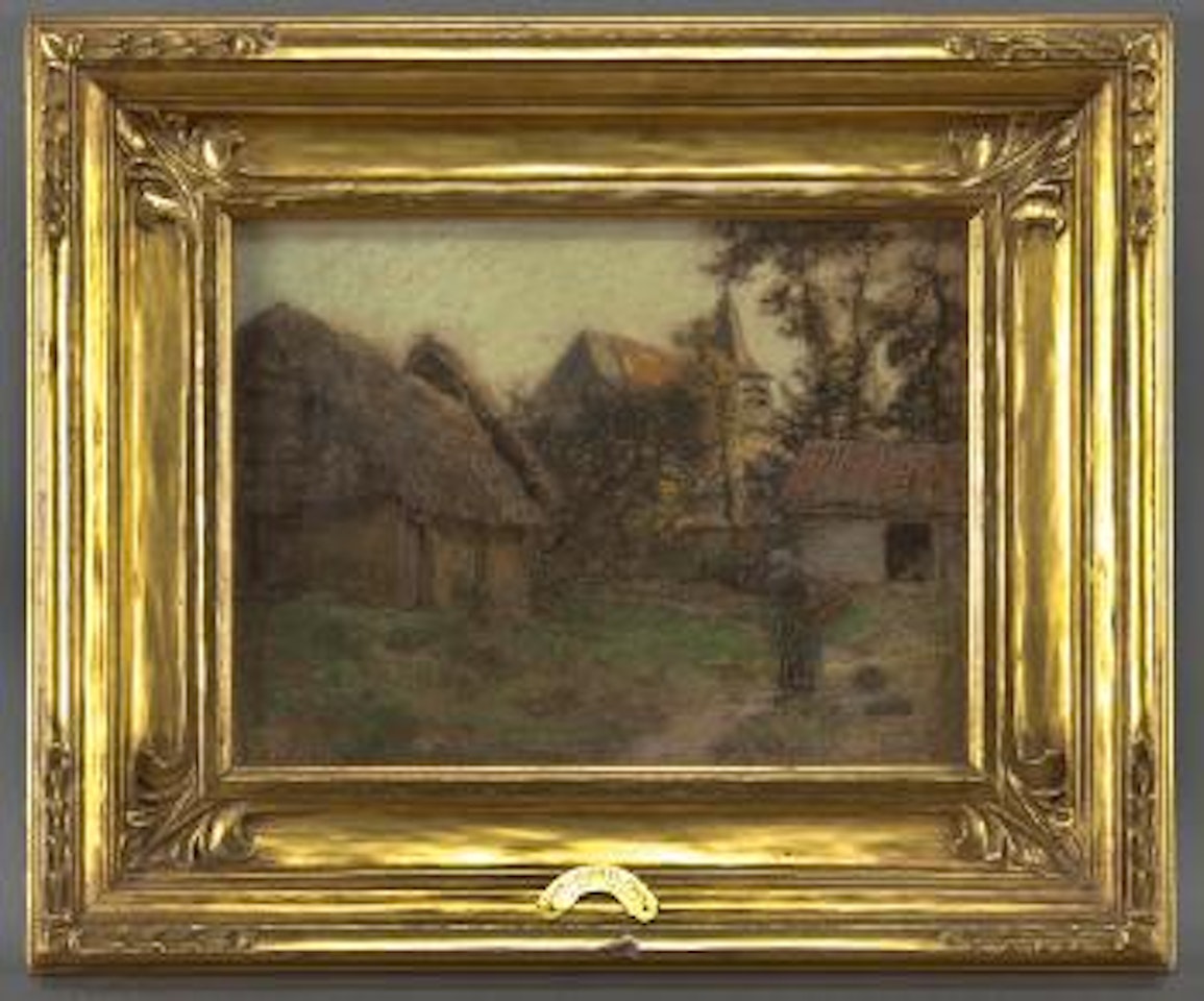 Figure on a cottage lined path by Léon Augustin Lhermitte
