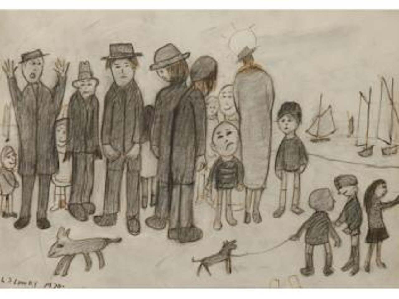 A figure group with two dogs in the foreground and sailing boats beyond by Laurence Stephen Lowry