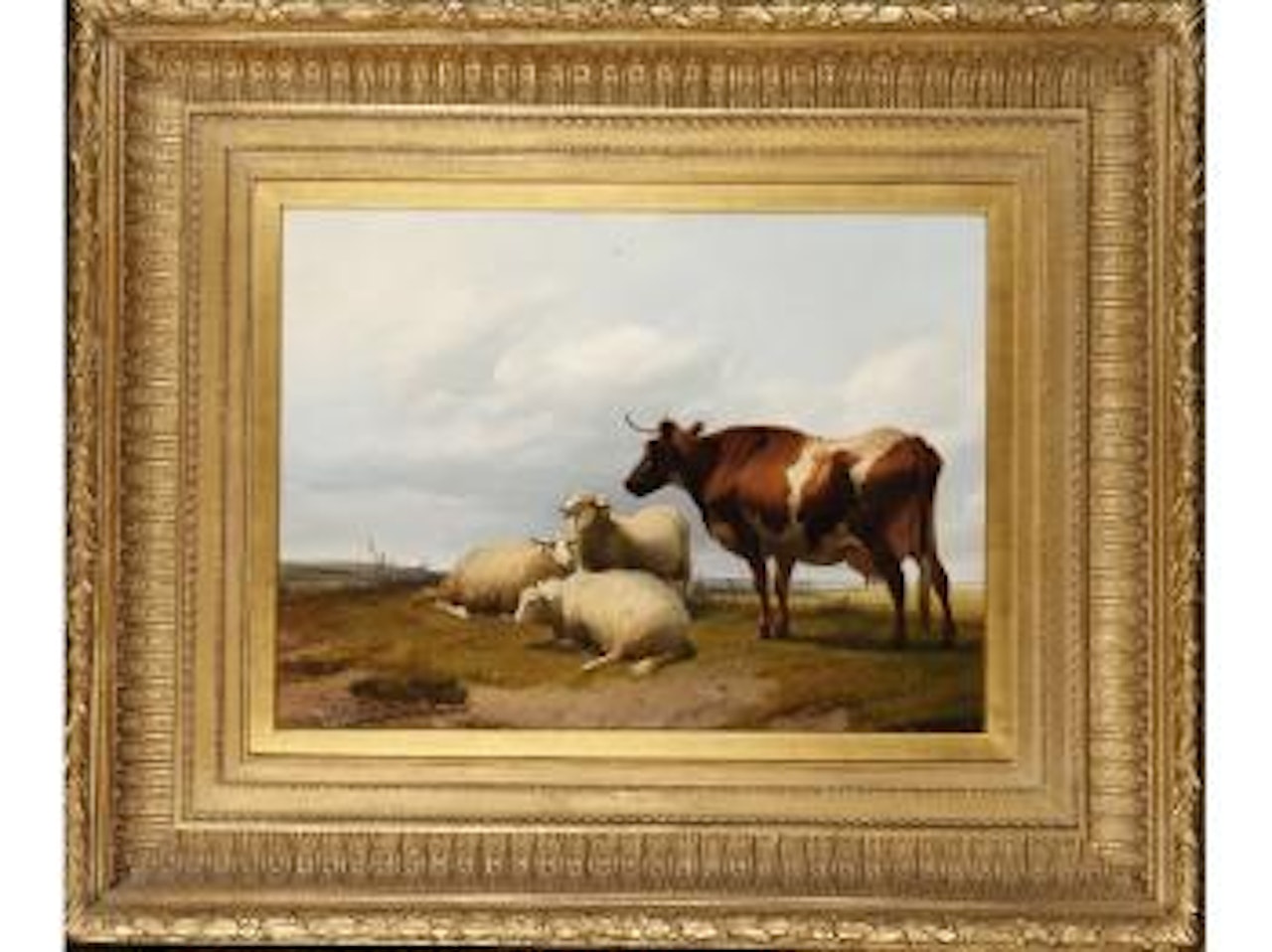 A cow and three sheep in an open landscape by Thomas Sidney Cooper