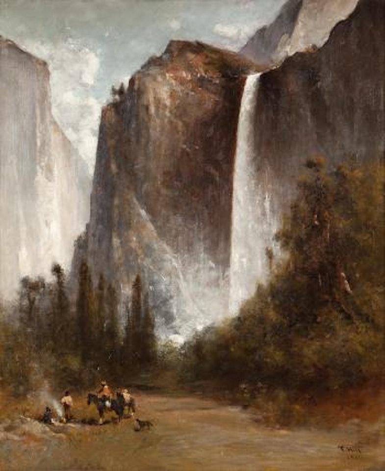 Indians at a campfire near the base of Bridal Veil Falls, Yosemite by Thomas Hill