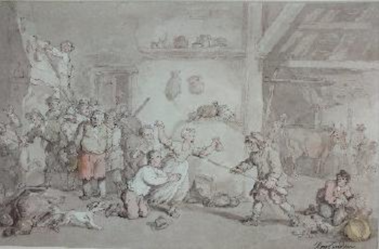 A rural incident, an interior scene with figures, cattle and farmers nearby by Thomas Rowlandson