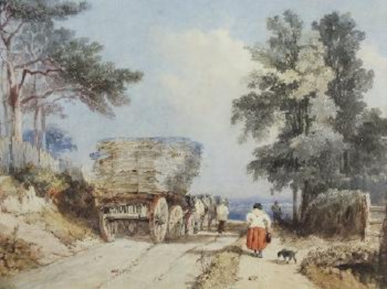 Peasants on a road with horses and cart laden with timber by Edward Duncan
