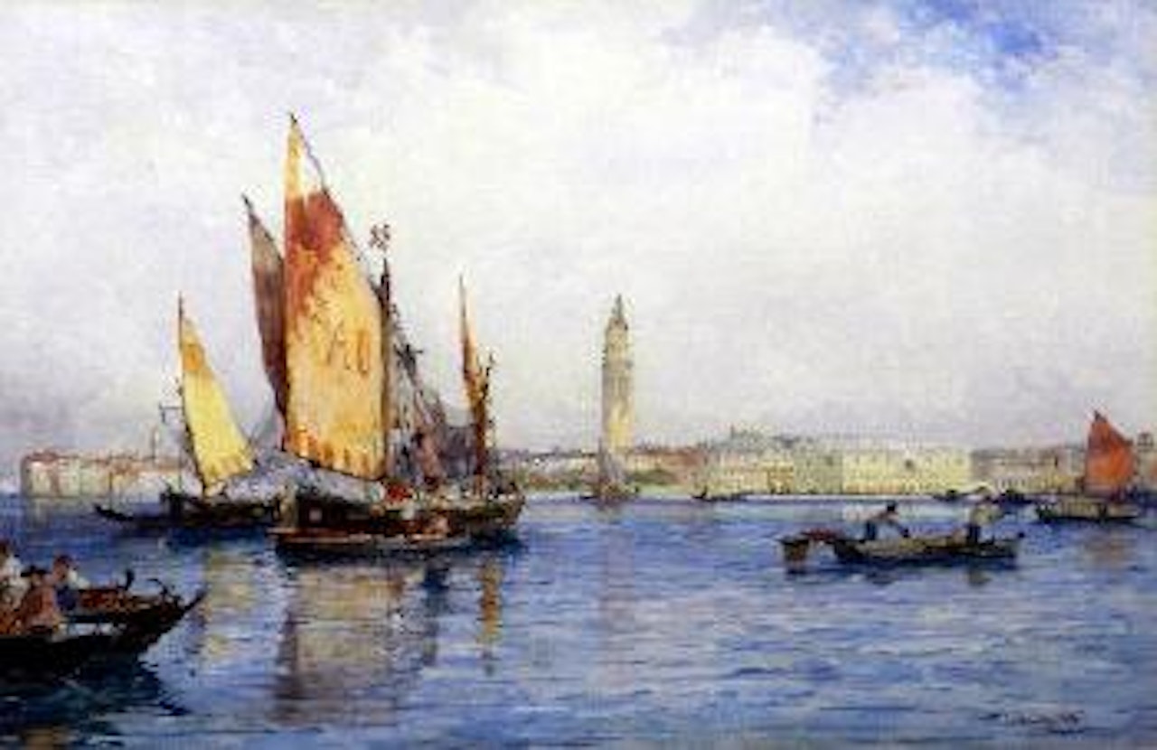 Fishing boats and figures on a lagoon, Venice by Thomas Bush Hardy