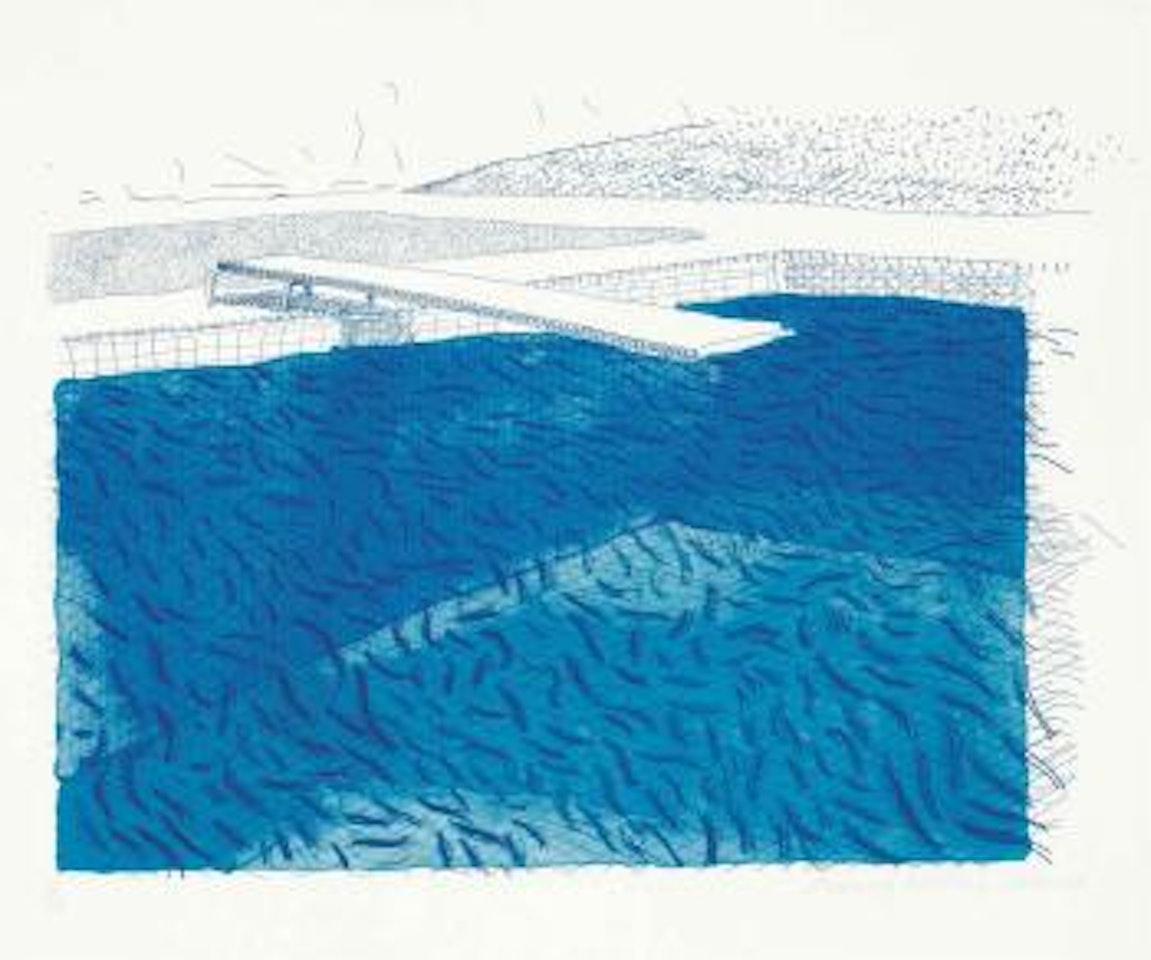 Lithograph of Water made of lines, crayon and two blue washes without green wash by David Hockney