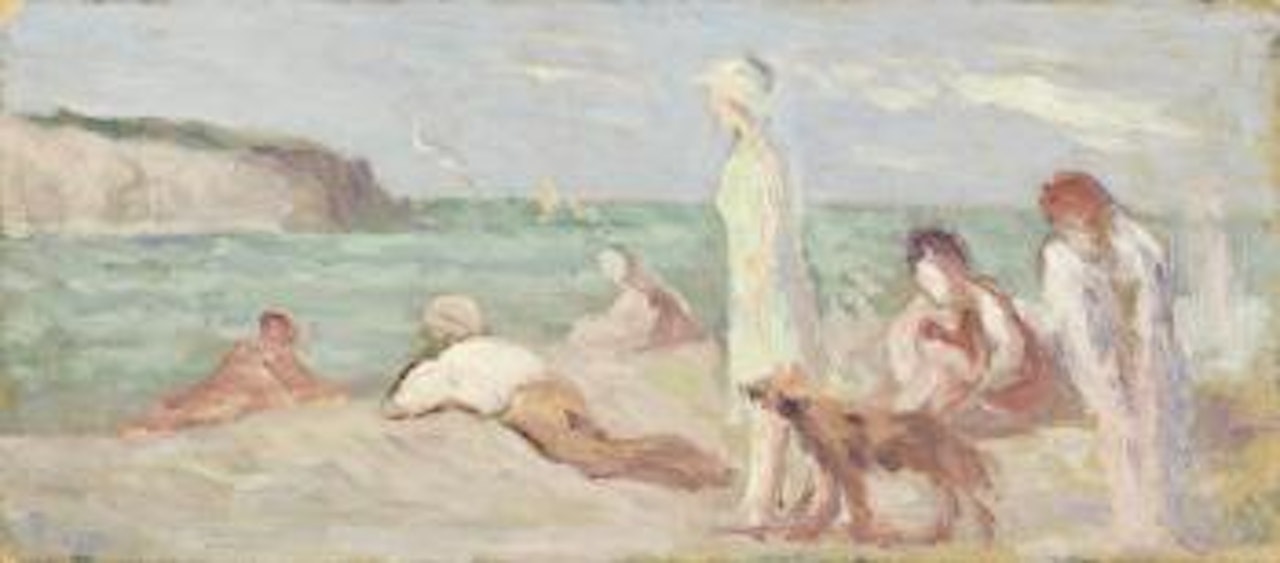 Dame au chien et baigneurs sur la plage by Maximilien Luce