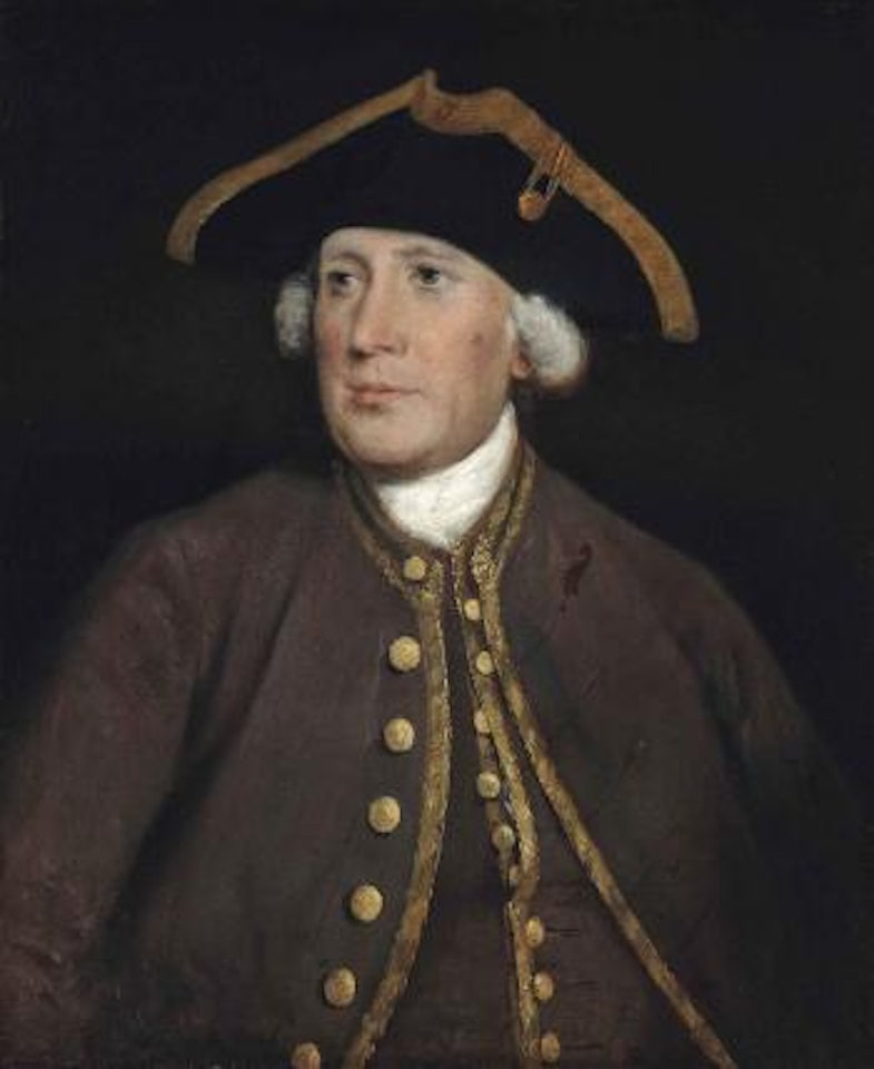 Portrait of a gentleman, thought to be James Lacy (1696-1774), half-length, in a brown coat with gold trim and a tricorn hat by Thomas Gainsborough