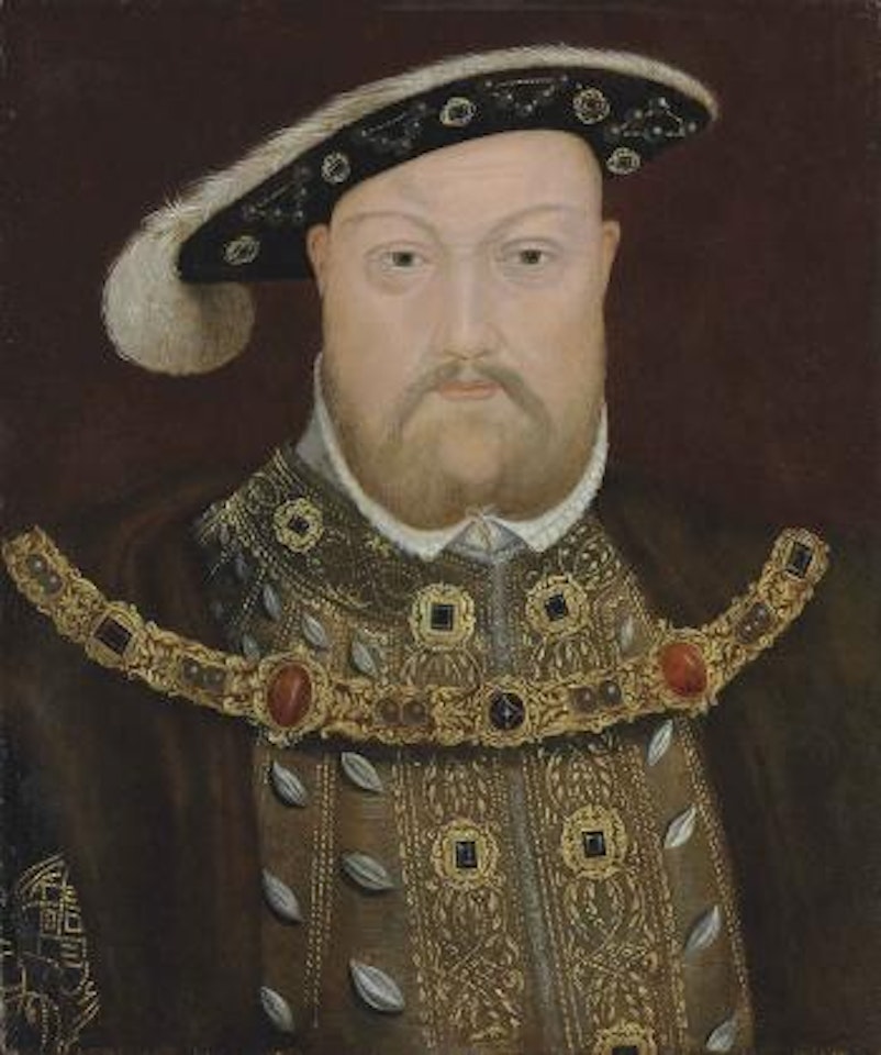 Portrait of King Henry VIII (1491-1547), bust-length, in a fur-lined cloak and gold-brocade doublet, with a chain and feathered black hat by English School