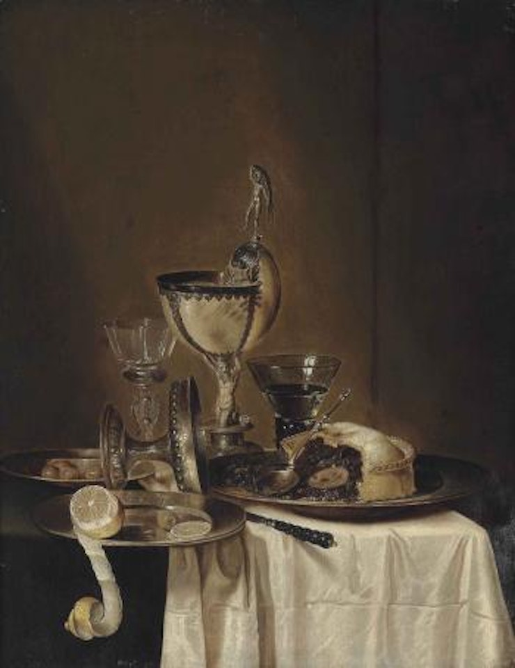A blackberry pie on a pewter platter, a roemer, an upturned silver tazza, a partially peeled lemon with olives on a pewter platter and a nautilus cup, on a partly-draped table by Willem Claesz Heda