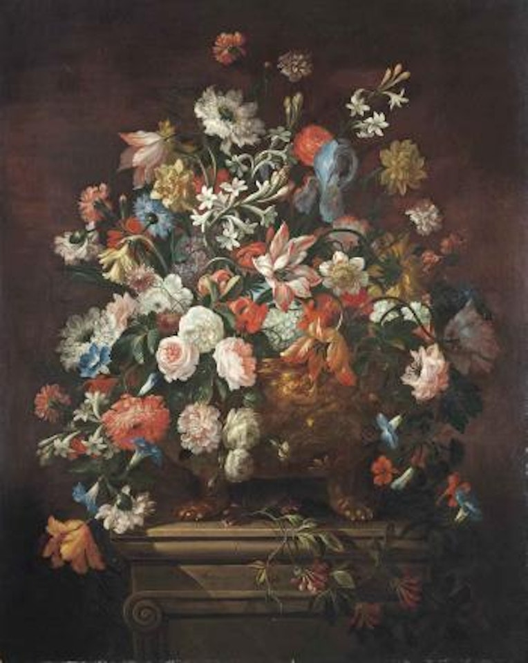 Tulips, chrysanthemums, violets and other flowers in a sculpted bronze urn, on a stone pedestal by Abraham Brueghel