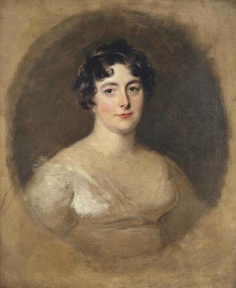 Portrait of Anne, Lady Romily (d.1818), bust-length, in a white dress, in a painted oval by Sir Thomas Lawrence