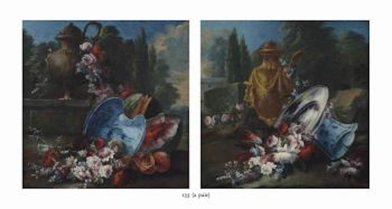 Roses, peonies and other flowers, a floral wreath draped around an urn on a ledge, a porcelain dish, a watermelon, pomegranates and a melon in a park landscape; and Roses, peonies, a parrot tulip and other flowers, a silver platter, a ceramic jug by Gasparo Lopez