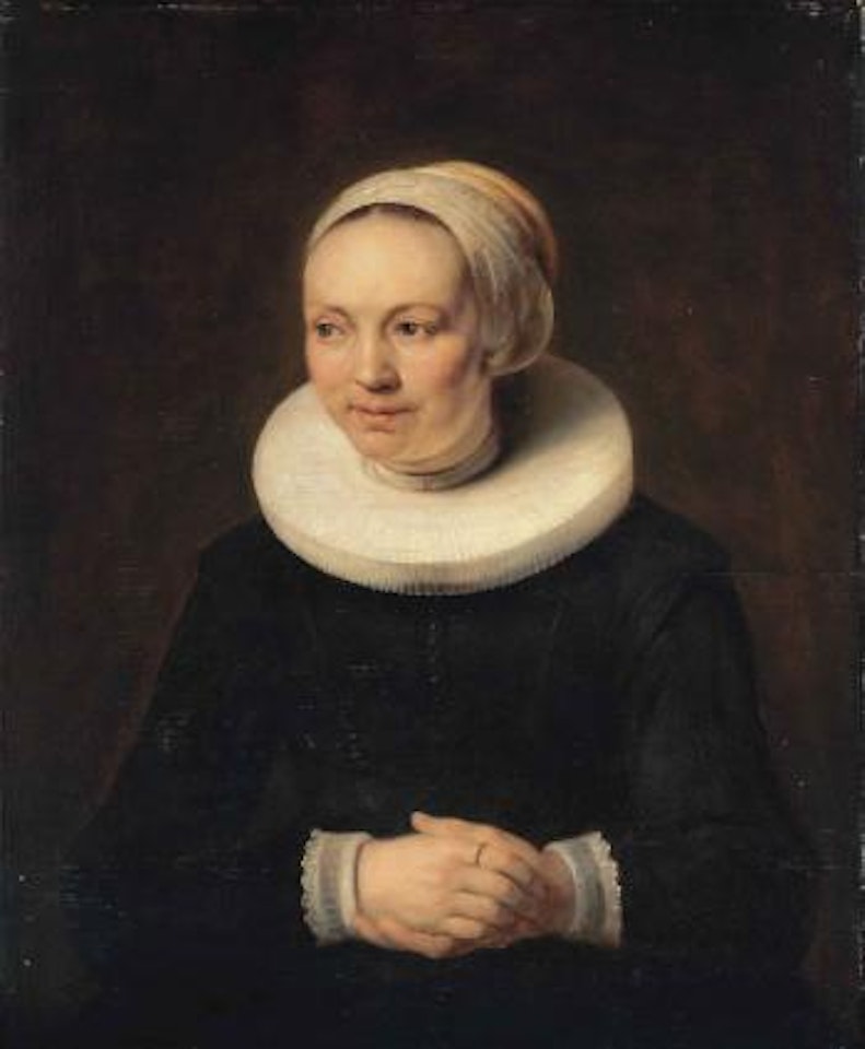 Portrait of a lady, half-length, in a black dress, with white ruff, lace cuffs and white headdress by Attributed to Rembrandt Harmensz van Rijn