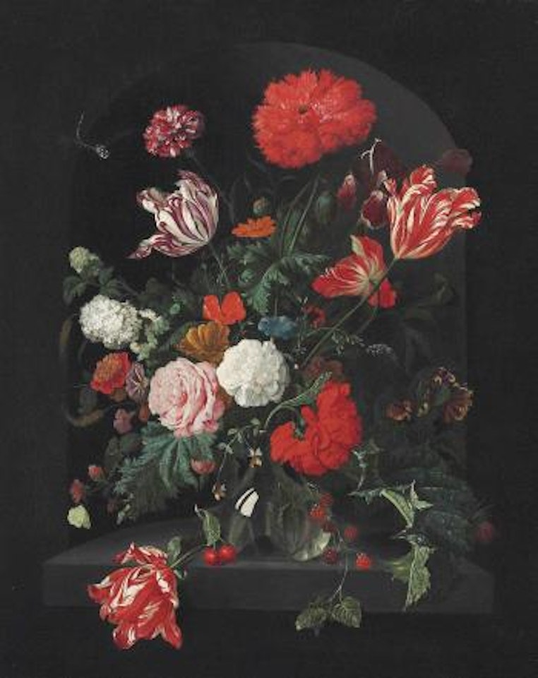 Roses, parrot tulips, carnations, a sprig of wild blackberries, convolvulus, snowballs and other flowers in a glass vase, in a sculpted niche, with a dragonfly and a brimstone butterfly by Jan Davidsz de Heem