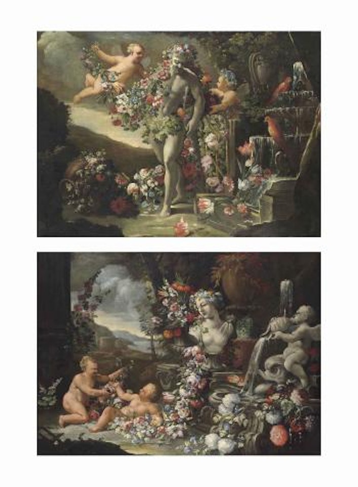 Putti surrounding the Farnese Hercules with garlands of flowers, beside a fountain, a landscape beyond; and Putti lying beside a classical fountain with garlands of flowers, with a sculptural bust and urns of flowers, a landscape beyond by Abraham Brueghel