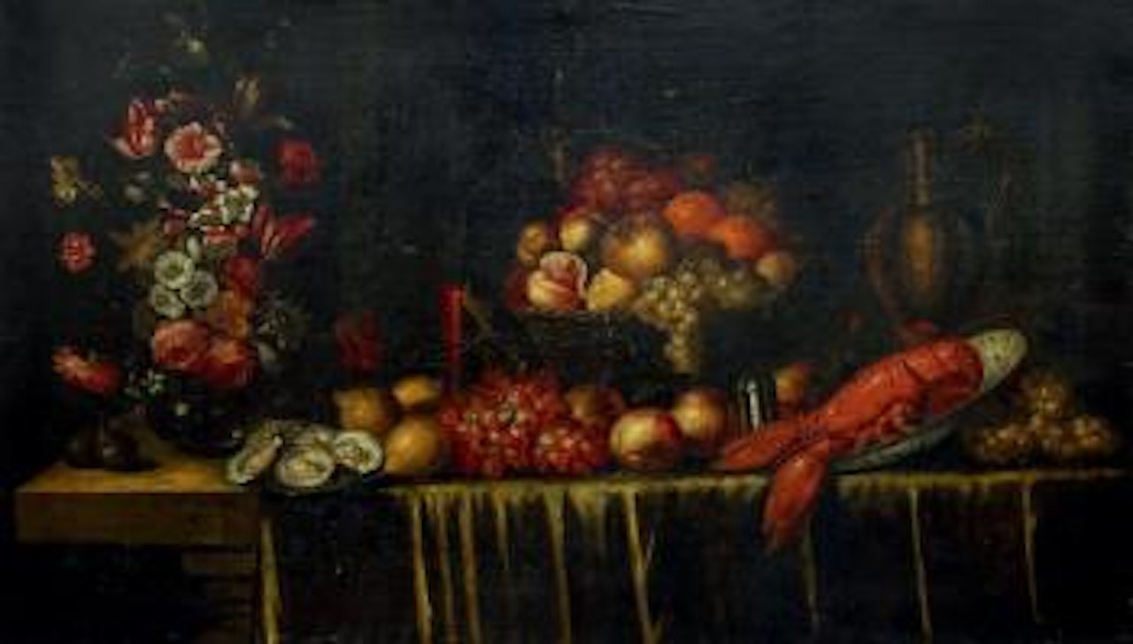 Nature morte au bouquet de fleurs avec un homard et une corbeille de fruits by Pseudo Simons