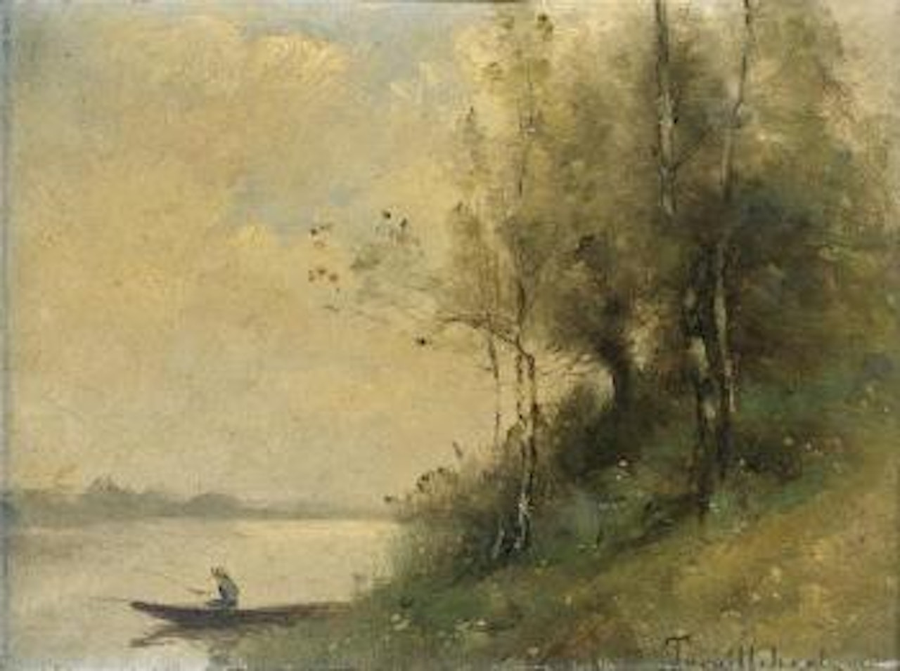 Pêcheur dans une barque à l'orée du bois by Paul Désiré Trouillebert