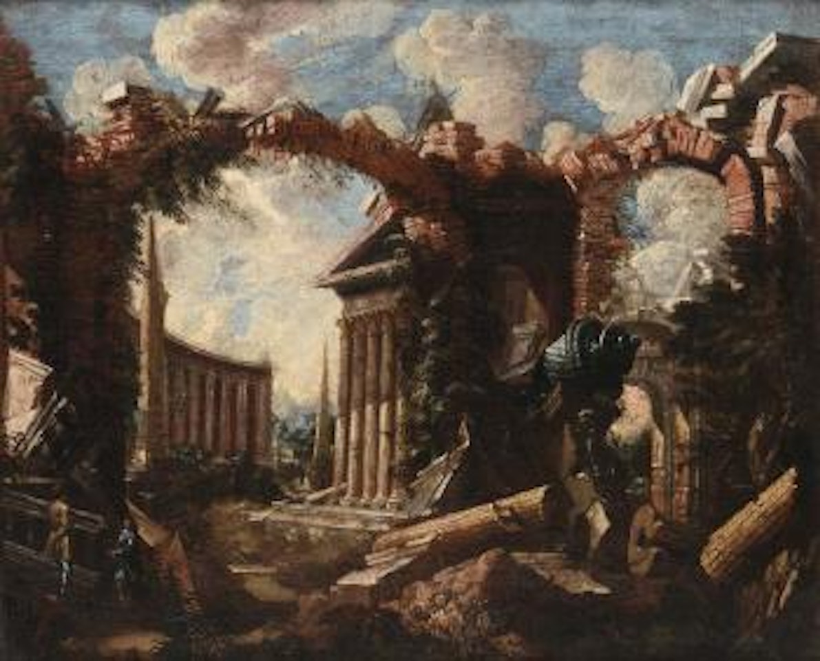 Veduta architettonica con figure by Roman School