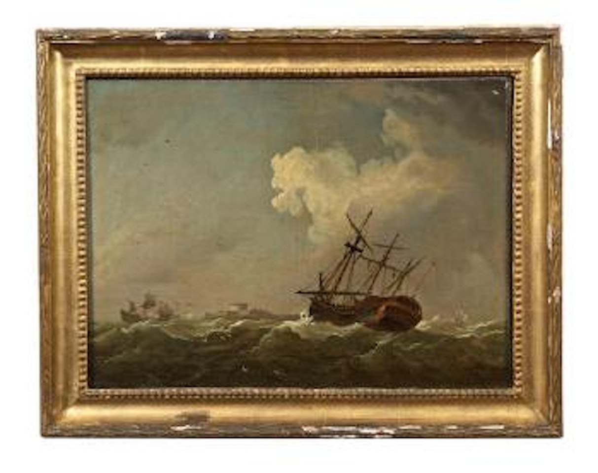 Third Raters from the Red Fleet Outside a Port Entrance. Third Raters with bare poles outside a coastal battery, possibly Calshot castle, near Spithead by Peter Monamy