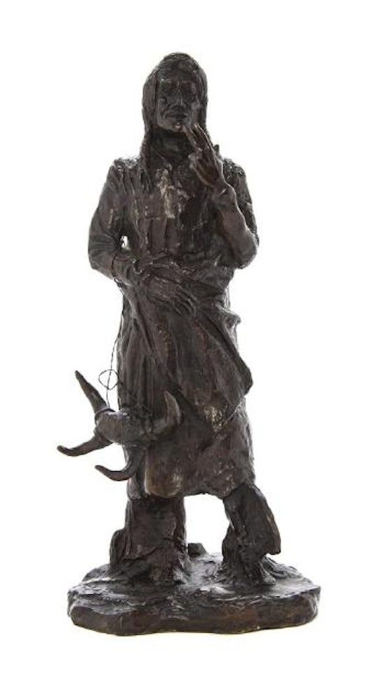 Cree Indian offering a buffalo horn hat rack for sale by Charles M Russell