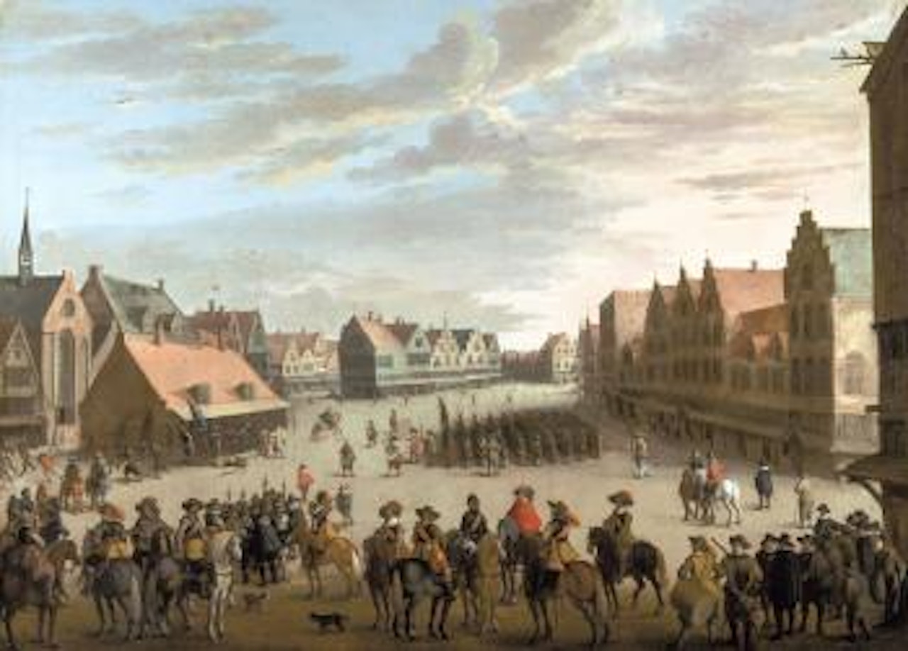 De afdanking van de waardgelders op de Neude te Utrecht op 31 juli 1618 by Joost Cornelisz Droochsloot