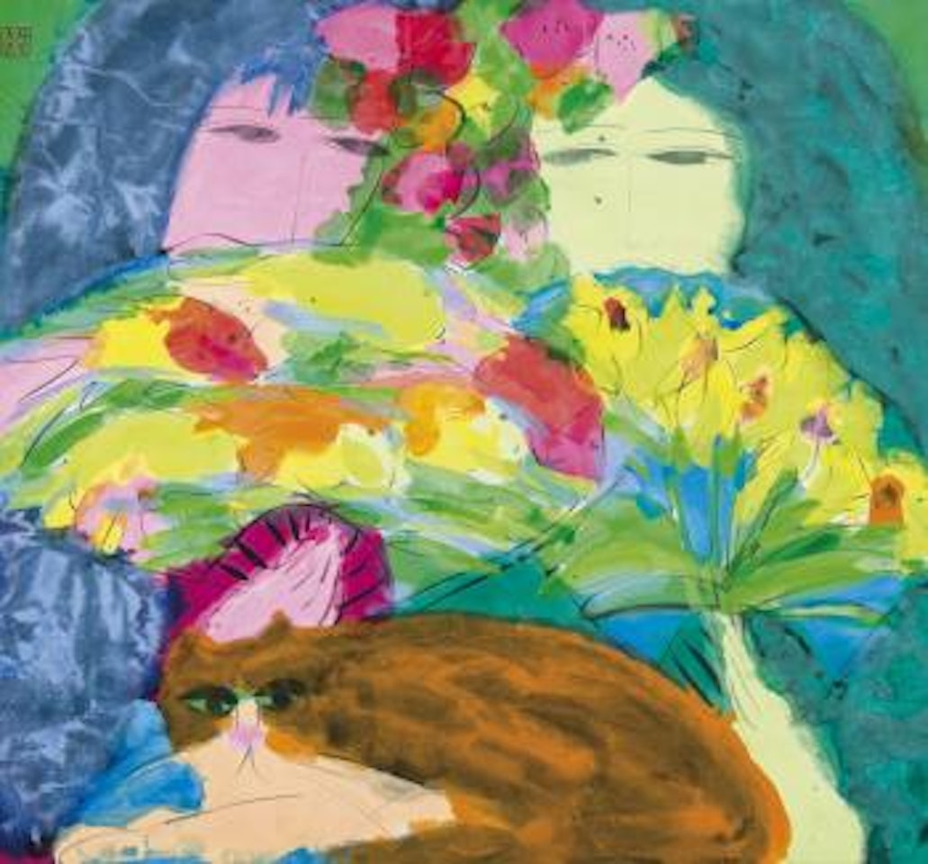 Two ladies with fans and cat by Walasse Ting