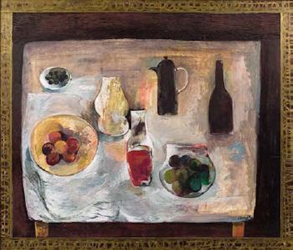 Still life with fruit, olives, wine bottle and coffee pot by Cecil Skotnes