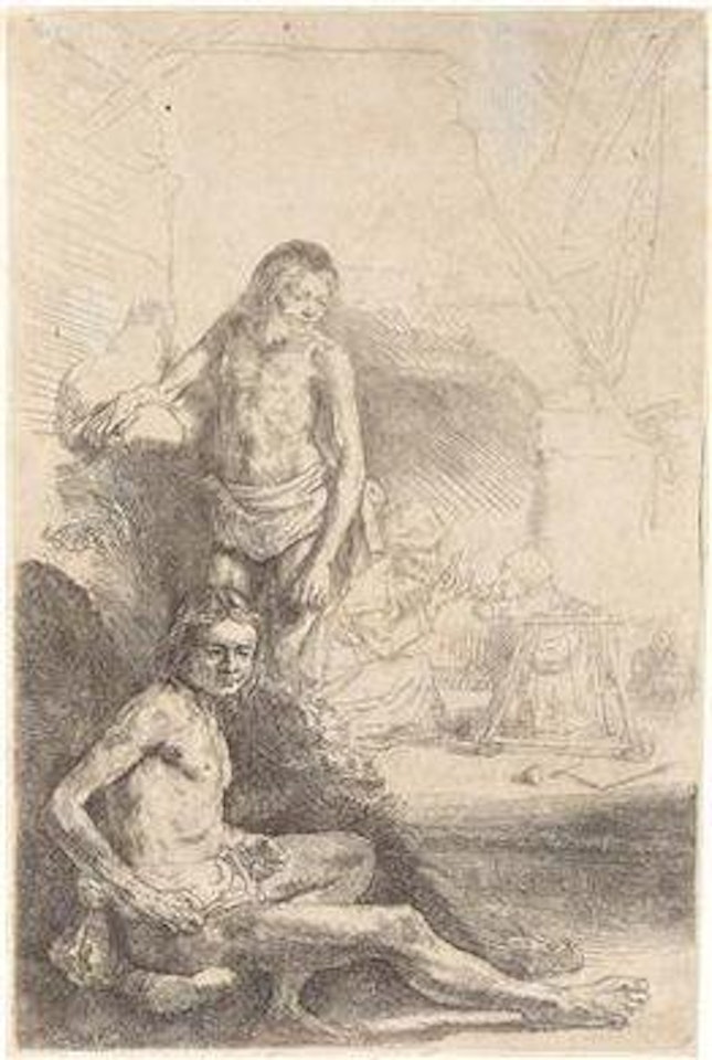 Nude Man Seated and Another Standing by Attributed to Rembrandt Harmensz van Rijn