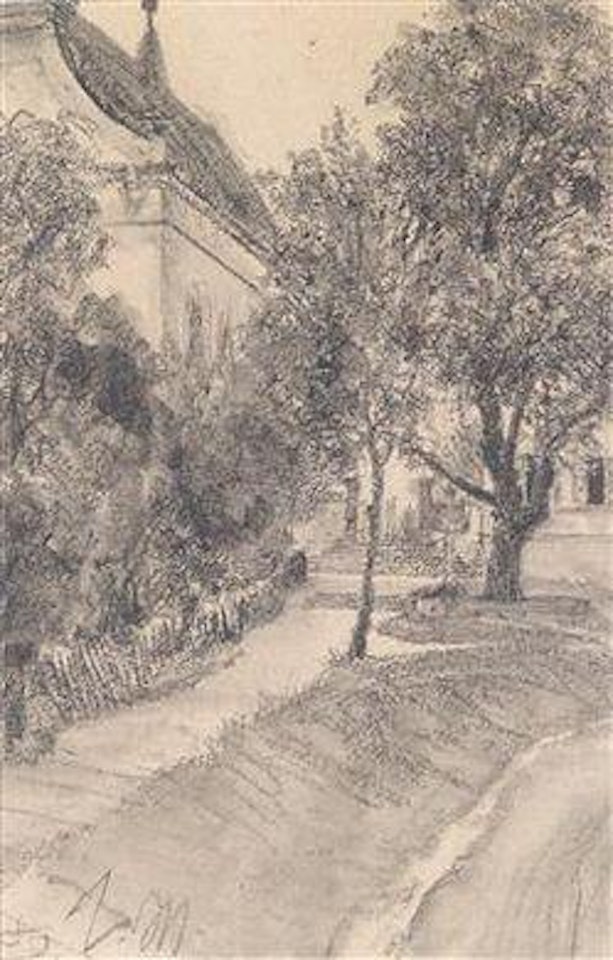 A walkway along a brook to a house by Adolph Menzel