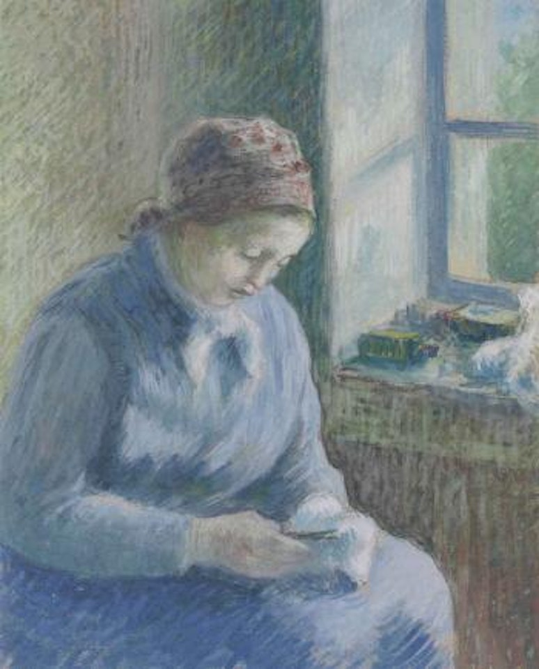 Femme raccommodant des bas by Camille Pissarro