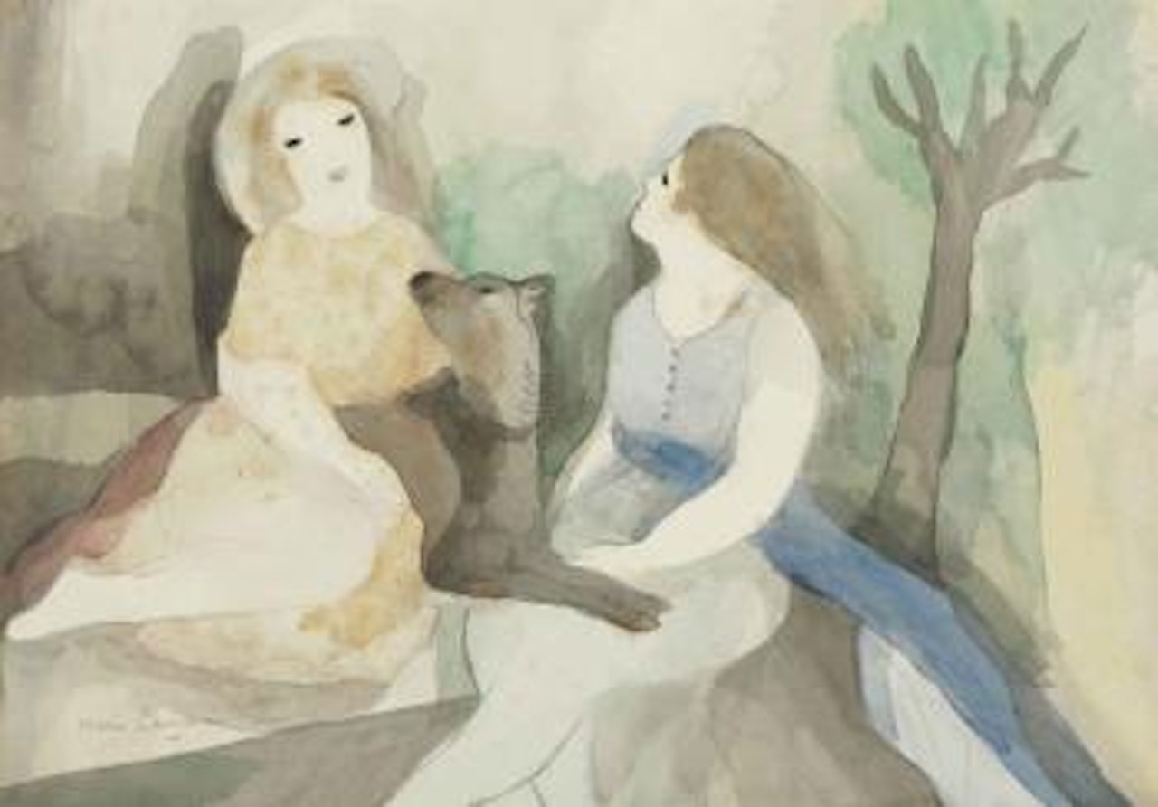 Deux femmes avec un chien by Marie Laurencin