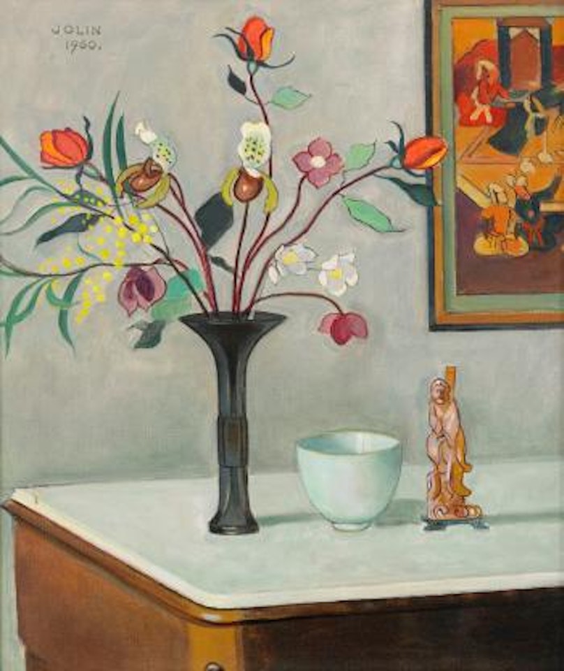 Stilleben med blommor och orientalisk figurin by Einar Jolin