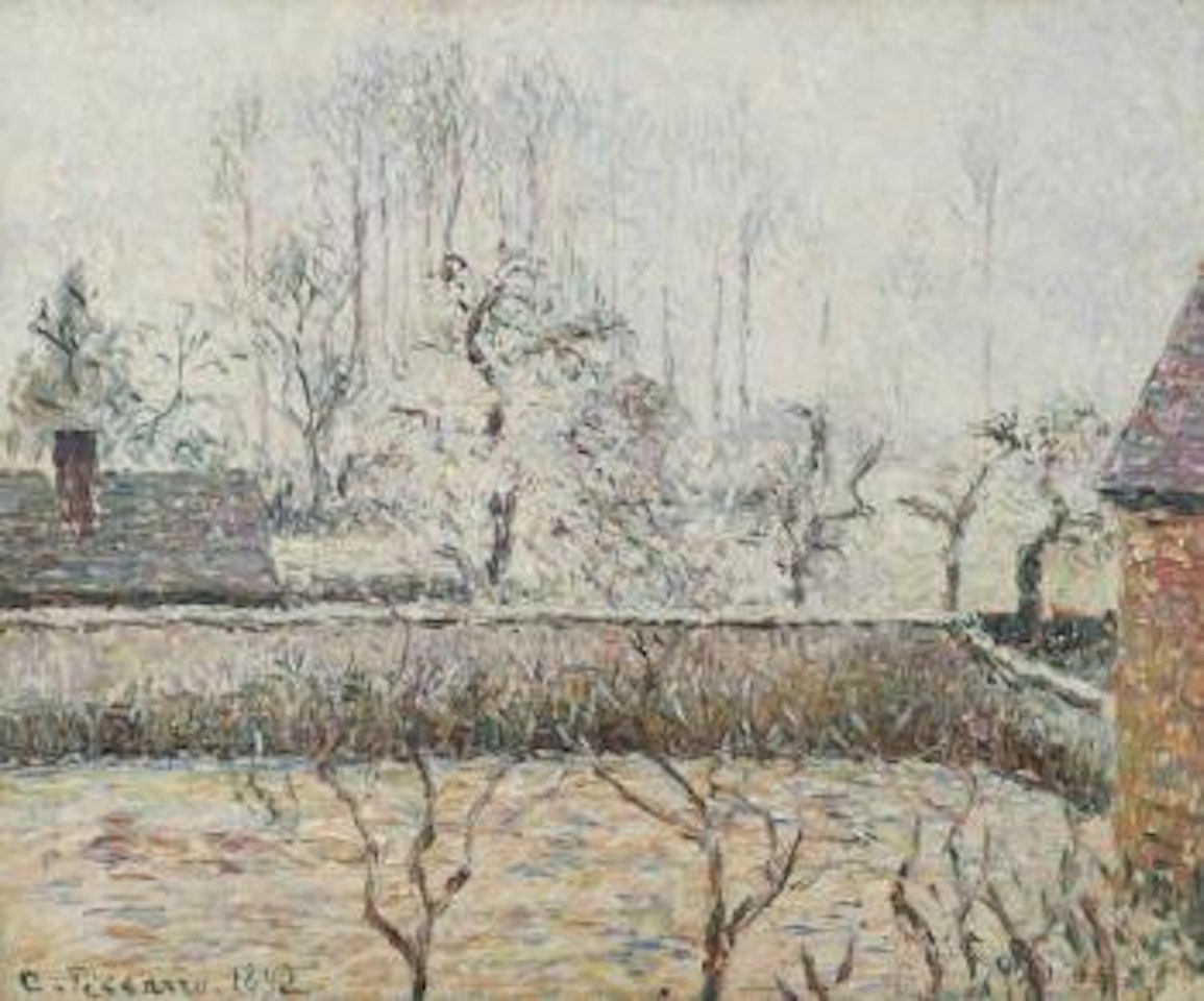 Paysage avec maisons et mur de clôture, givre et brume, Eragny by Camille Pissarro