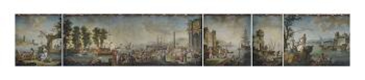 A busy coastal town, with figures by a thriumphal arch and several boats at anchor; A coastal landscape with children playing on the shore, a fortified town beyond.. by Neapolitan School