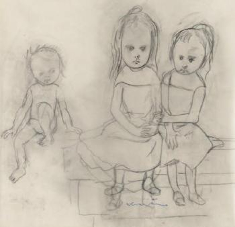 Deux sœurs et un jeune garçon sur un muret by Leonard Tsuguharu Foujita