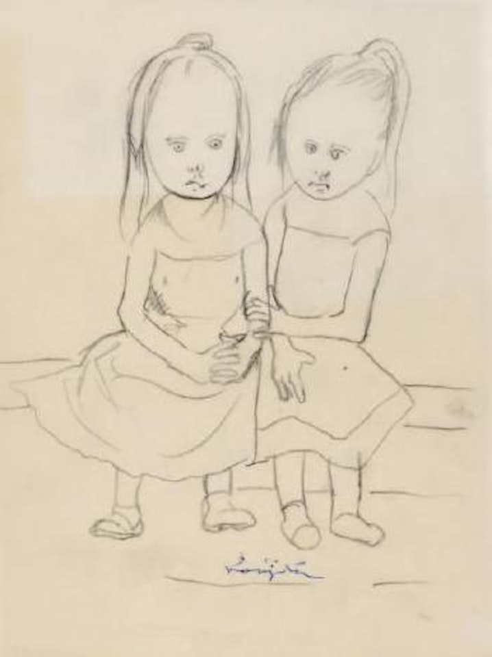 Les deux sœurs sur un muret by Leonard Tsuguharu Foujita