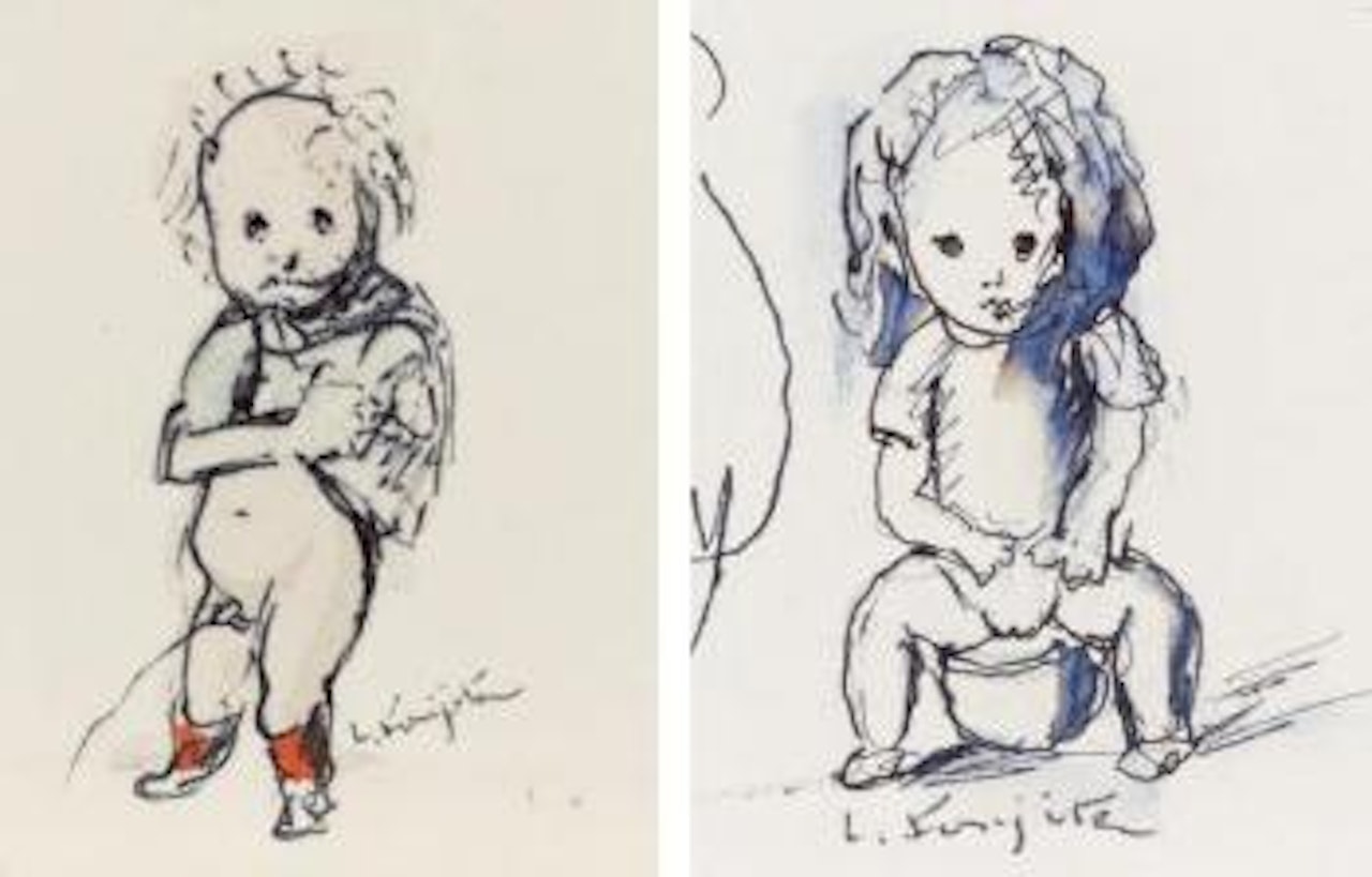 Petit garçon faisant pipi. Petite fille sur son pot by Leonard Tsuguharu Foujita