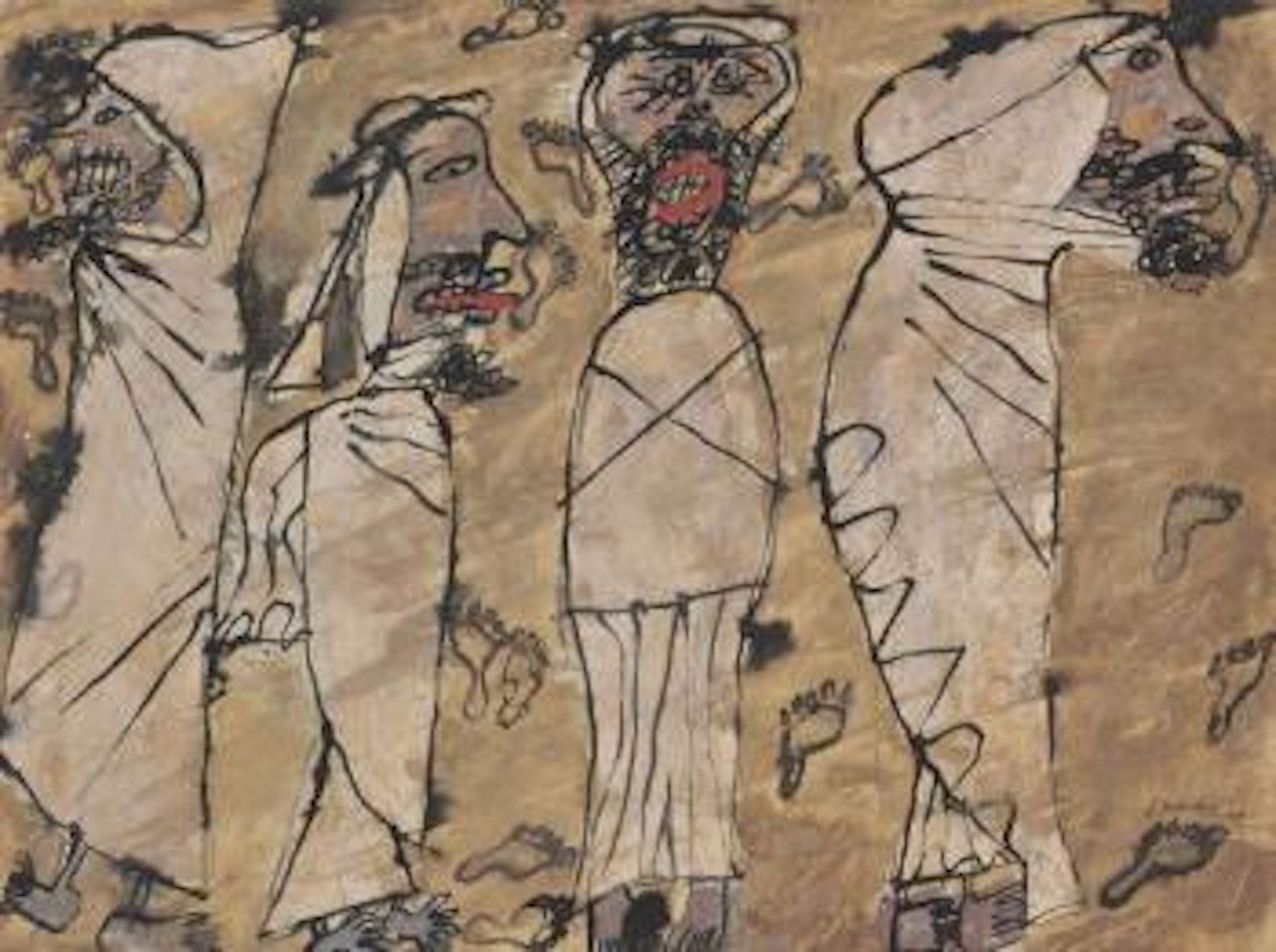 Quatres arabes, traces de pas dans le sable by Jean Dubuffet