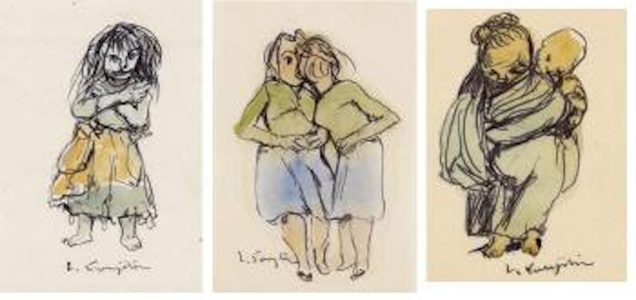 Fillette les bras croisés. Les deux amies. Mère portant son nourisson by Leonard Tsuguharu Foujita