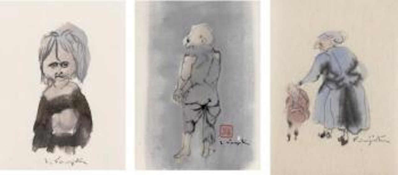 Petite fille triste. Homme de dos. Enfant et stamped grand-mère by Leonard Tsuguharu Foujita