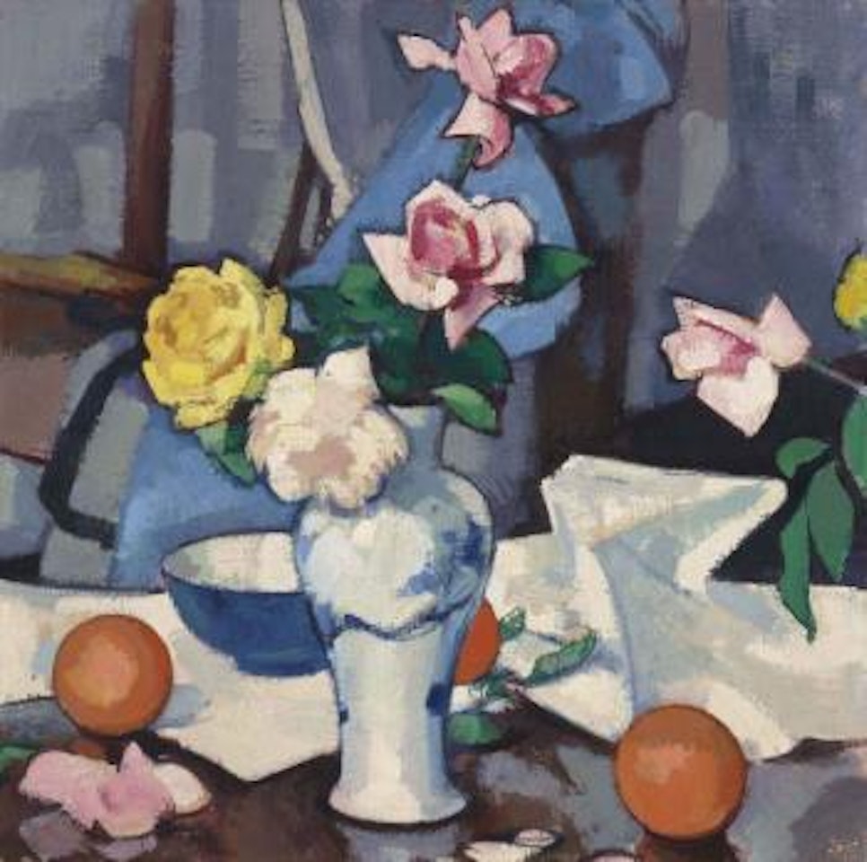 Still life with roses in a blue and white vase by Samuel John Peploe