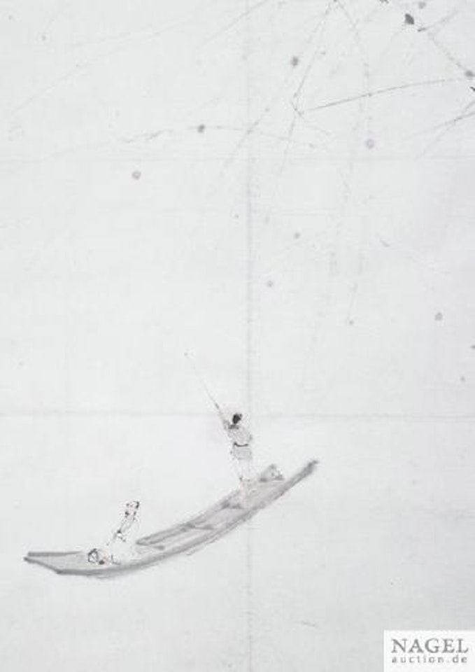 Gelehrter In Einem Boot Unter Roten Pflaumenblüten by Fu Baoshi