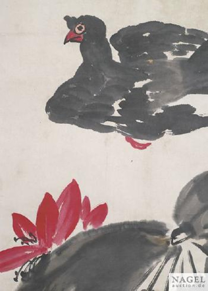 Roter Lotus Mit Schwarzem Vogel by Qi Baishi