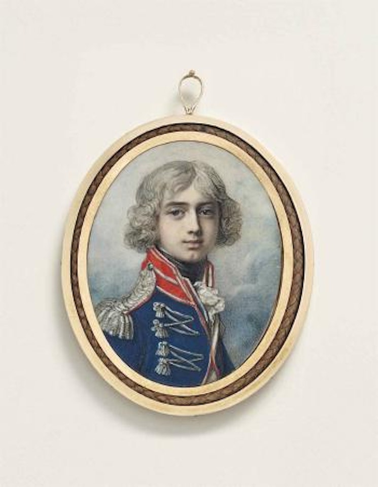 Charles Francis Plowden (1781-1800), in the uniform of the 5th Regiment of Foot (Northumberland Fusiliers), blue coat with red collar, silver braids, tassels and epaulettes, powdered hair by Richard Cosway