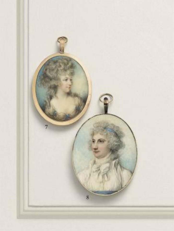 A lady called the Duchess of Richmond, in white dress, white coat and white knotted scarf, blue sash and blue hairband in her curling powdered hair by Richard Cosway